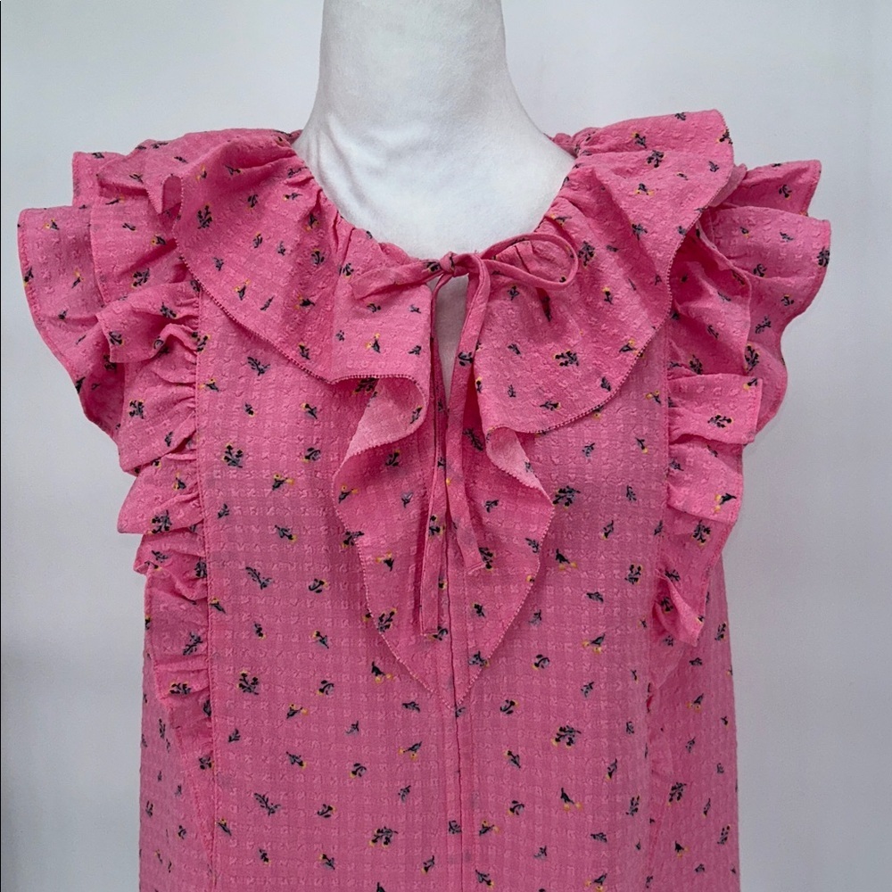 LOFT Women’s Floral Ruffle Tie Neck Top Size Medium Sleeveless Top - Picture 4 of 9
